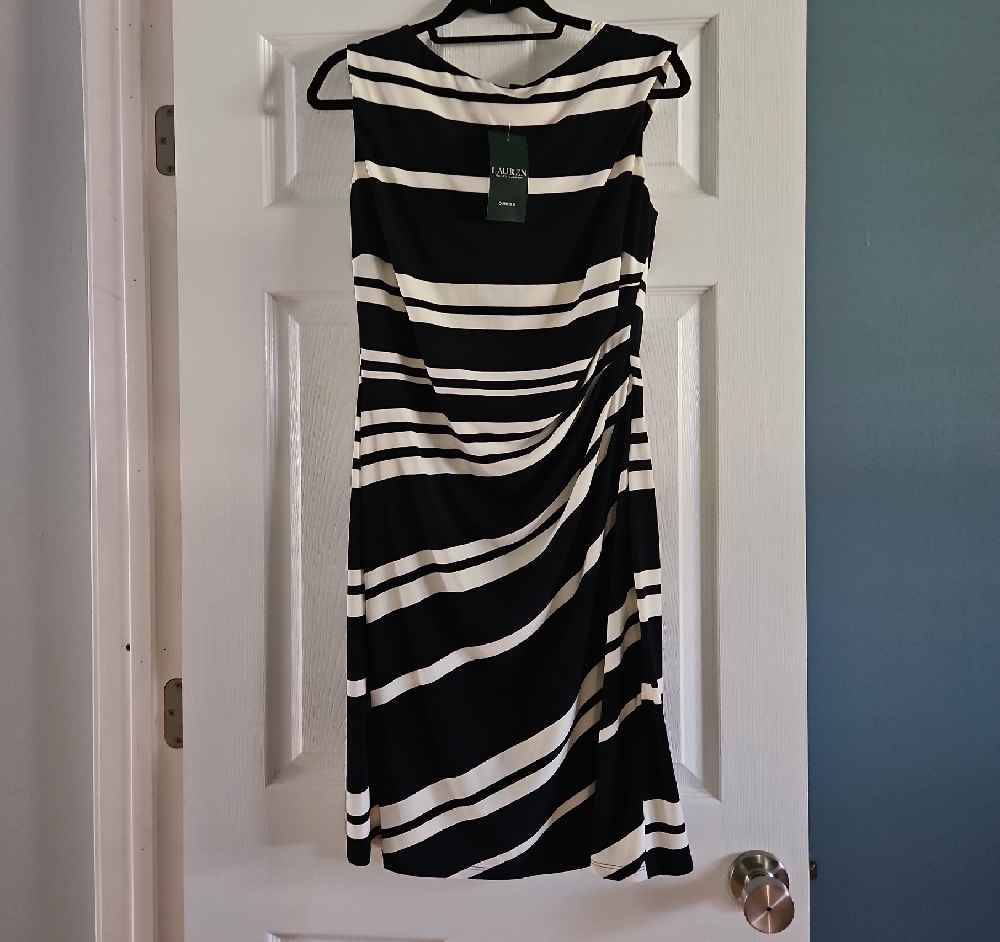Lauren Ralph Lauren Navy and White Sheath Midi Dress Size 14